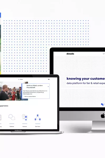 dimedis brand presence in print and digital: Two brochures with the slogan „Botschaften, die ankommen und wirken“ (Messages that get through and have an impact) alongside a laptop, iMac, and tablet with the dimedis website and the claim \