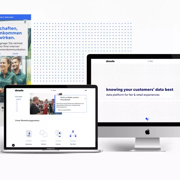 dimedis brand presence in print and digital: Two brochures with the slogan „Botschaften, die ankommen und wirken“ (Messages that get through and have an impact) alongside a laptop, iMac, and tablet with the dimedis website and the claim \