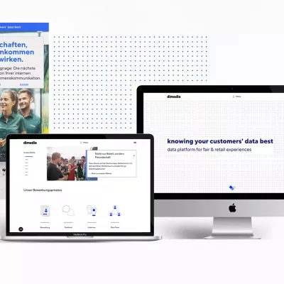 dimedis brand presence in print and digital: Two brochures with the slogan „Botschaften, die ankommen und wirken“ (Messages that get through and have an impact) alongside a laptop, iMac, and tablet with the dimedis website and the claim \
