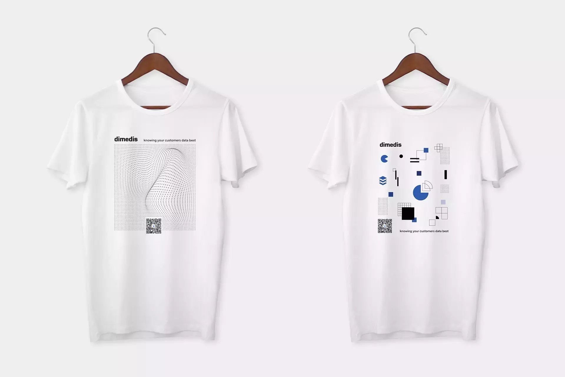Two white T-shirts on wooden hangers, left with abstract dot pattern, QR code, and lettering dimedis knowing your customers data best\
