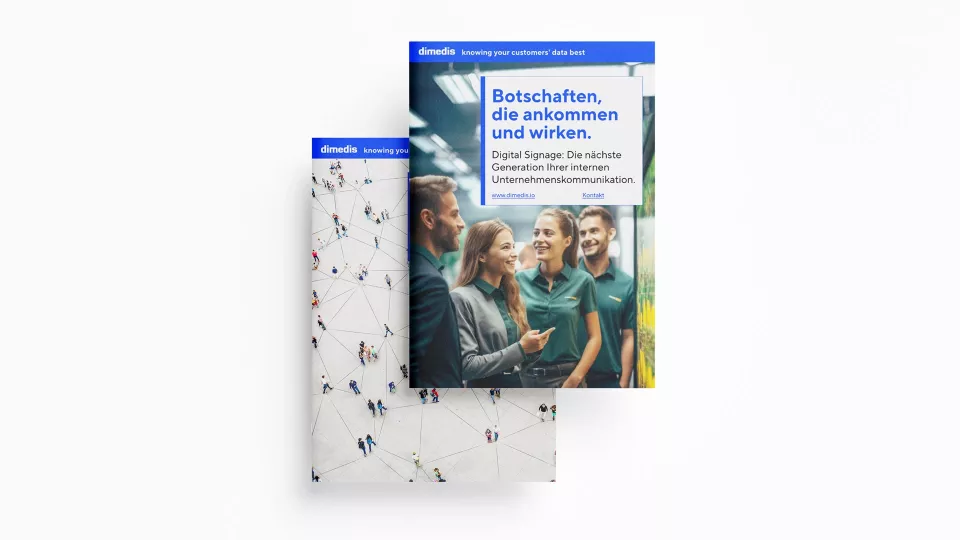 Two brochures on a white background: front cover with photo of four smiling people in work clothes and text \