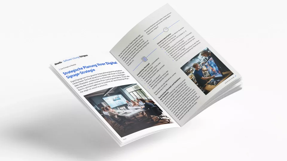 Open dimedis brochure on white background, text and photo of meeting room with presentation on the left, text and image of two people at a large screen
