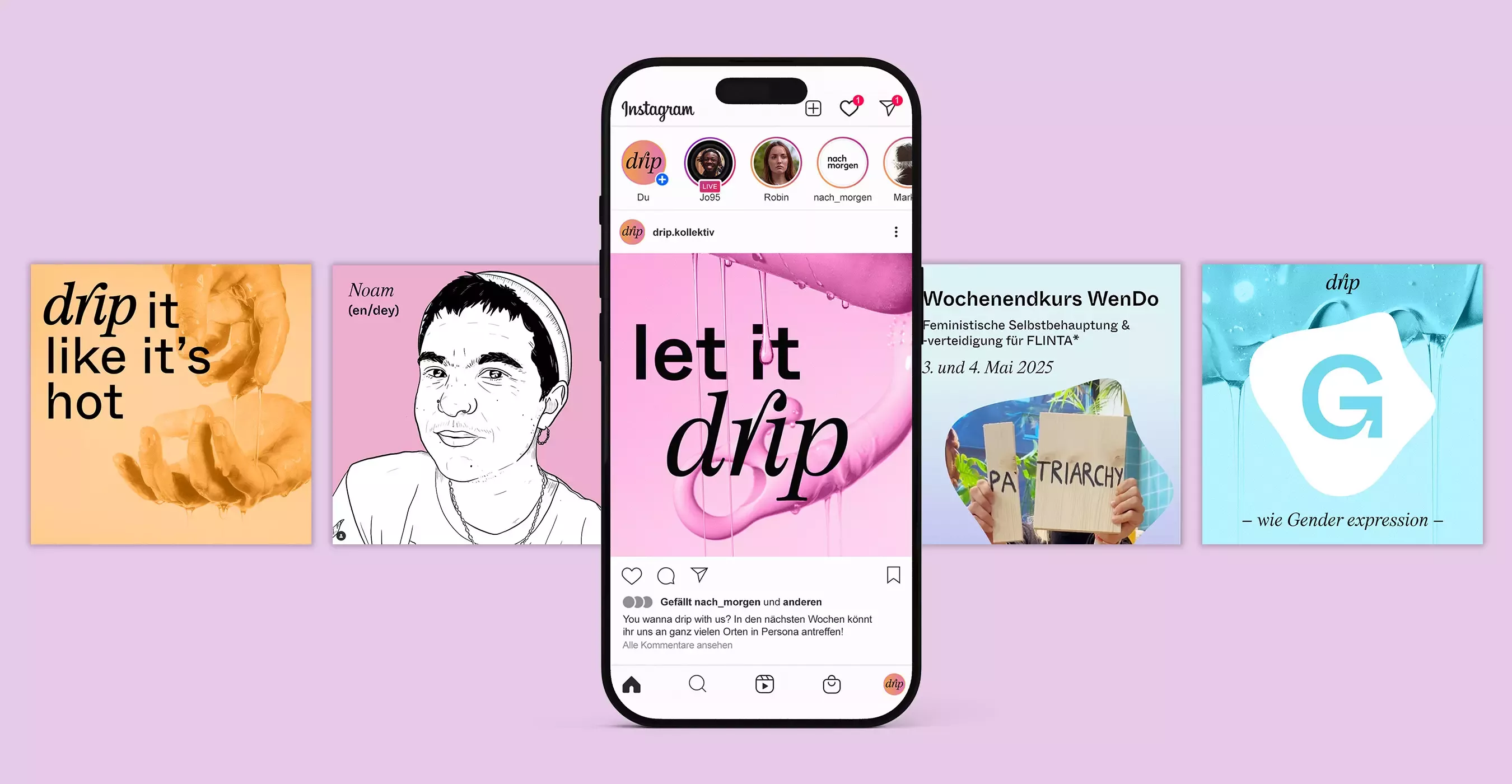 An Instagram post from „drip.kollektiv“ is displayed on a smartphone. To the left and right of it are additional social media tiles with illustrations and text.