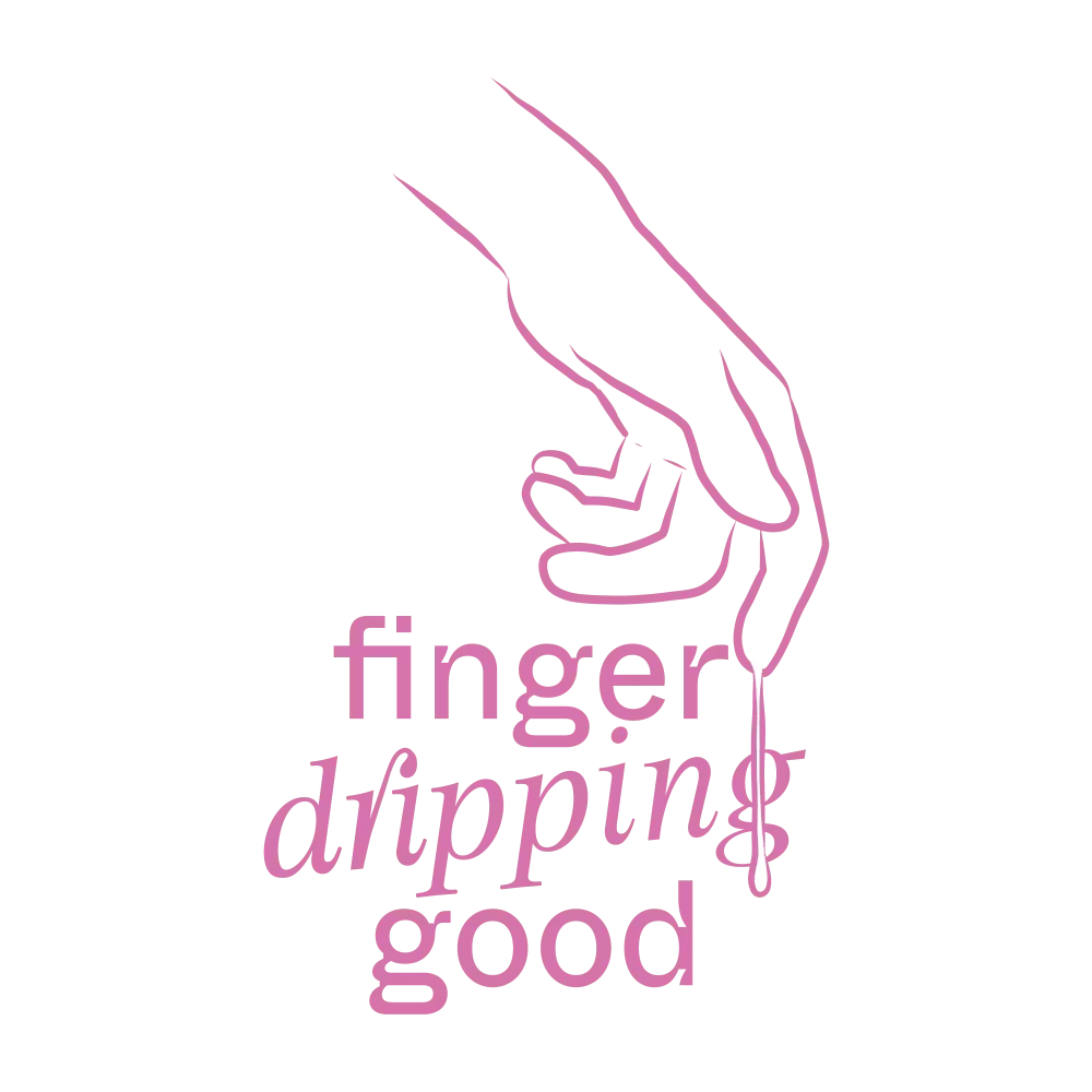Illustration einer pinken Hand. Aus einem Finger tropft eine weiße Flüssigkeit darunter stehen die Worte „finger dripping good“