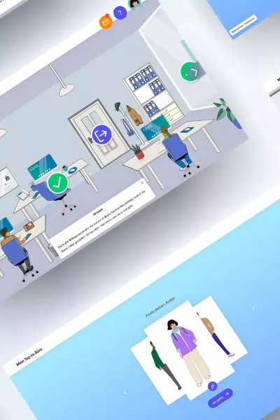 Verschiedene Ausschnitte der interaktiven Webanwendung „Mein Tag im Büro“ auf grauem Hintergrund: Zu sehen sind mehrere Szenen mit stilisierten Büroumgebungen, Dialogfenstern, sowie der Avatar-Auswahl