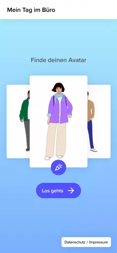 Mobile Ansicht der Webanwendung mit Auswahlbildschirm zur Avatarwahl, ausgewählt ist eine illustrierte Person mit braunen schulterlangen Haaren, lila Jacke, hellblauem Schal, weißem Shirt, beiger weiter Hose und weißen Sneakern