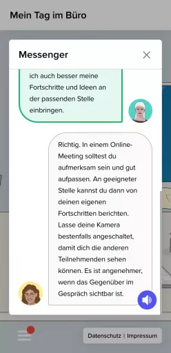 Mobile Ansicht der Webanwendung mit geöffneter Messenger-Ansicht: Eine Nutzerin gibt eine Nachricht ein, darunter antwortet die Figur Mena mit einem erklärenden Text zum Verhalten in Online-Meetings. Der Text kann über einen Lautsprecher-Button vorgelesen werden