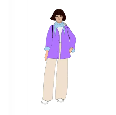 Illustrierte Person mit braunen schulterlangen Haaren, lila Jacke, hellblauem Schal, weißem Shirt, beiger weiter Hose und weißen Sneakern
