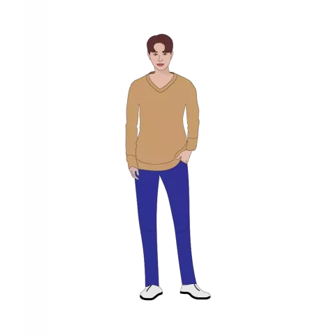 Illustrierte Person mit braunen Haaren, beigem Pullover, blauer Hose und weißen Schuhen