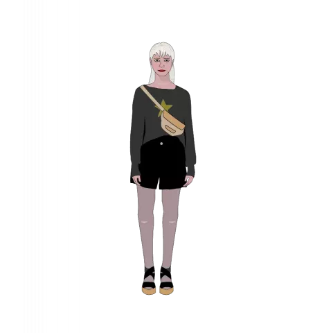Illustrierte Person mit langen weißen Haaren, schwarzem Oberteil mit gelbem Stern, schwarzer kurzer Hose und beigefarbener Umhängetasche