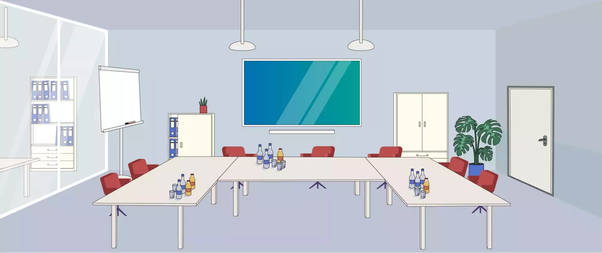 Illustration einer Szene in der Webanwendung: Weitwinkel-Ansicht eines modernen Besprechungsraums mit großem Monitor, Flipchart, Pflanzen und mehreren Stühlen rund um rechteckige Tische auf denen Getränke stehen