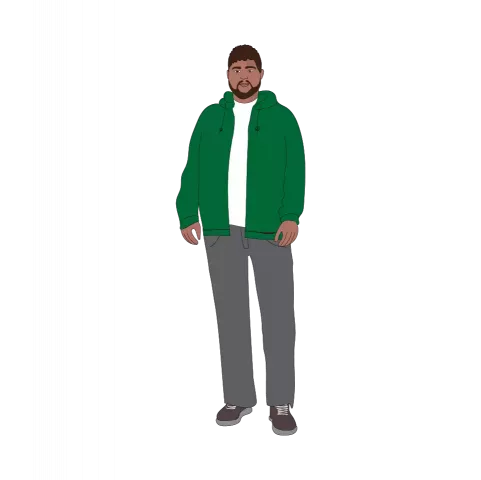 Illustrierte Person mit kurzem dunklem Haar und Bart, grünem Hoodie, weißem T-Shirt, grauer Hose und dunkelgrauen Sneakern
