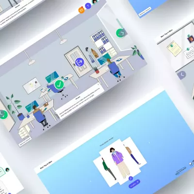 Verschiedene Ausschnitte der interaktiven Webanwendung „Mein Tag im Büro“ auf grauem Hintergrund: Zu sehen sind mehrere Szenen mit stilisierten Büroumgebungen, Dialogfenstern, sowie der Avatar-Auswahl