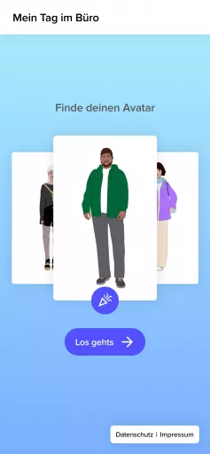 Mobile Ansicht der Webanwendung mit Avatar-Auswahl, ausgewählt ist eine illustrierte Person mit kurzem dunklem Haar und Bart, grünem Hoodie, weißem T-Shirt, grauer Hose und dunkelgrauen Sneakern