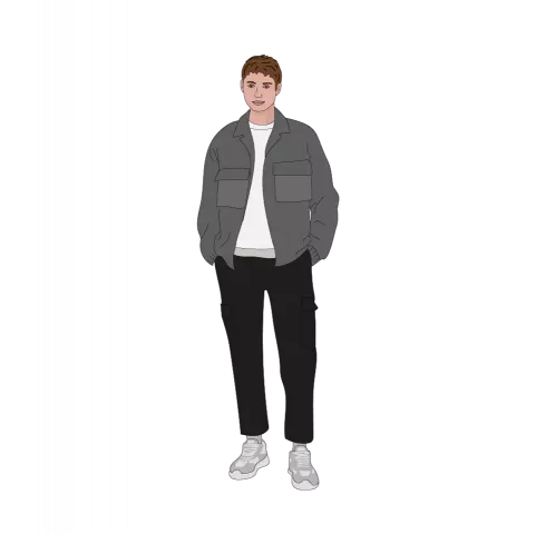 Illustrierte Person mit kurzen braunen Haaren, grauer Jacke, weißem T-Shirt, schwarzer Hose und weißen Sneakern