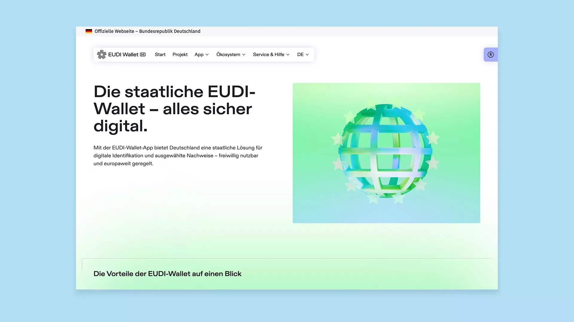 Screenshot der Webseite des Projekts EUDI Wallet, sichtbar ist eine Unterseite zur EUDI Wallet App
