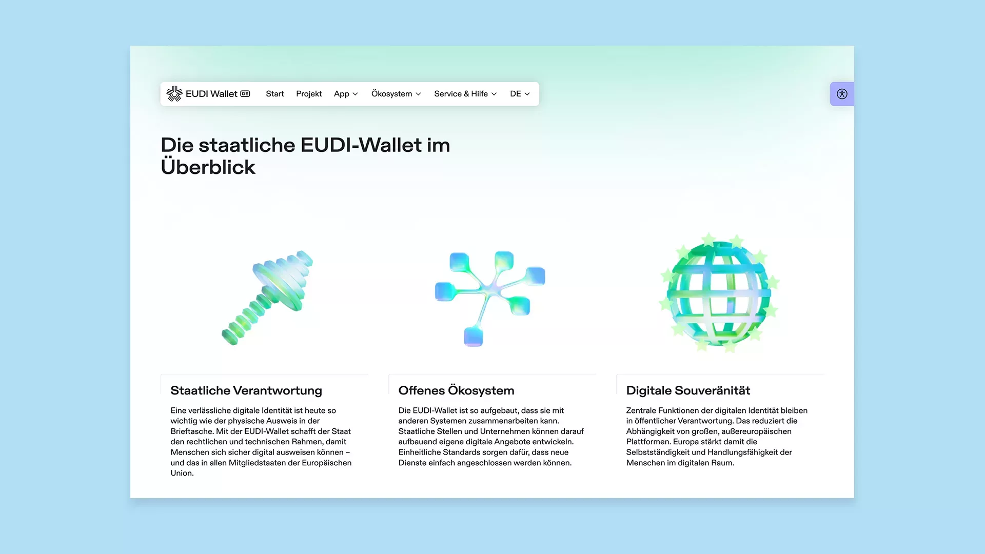Screenshot der Webseite des Projekts EUDI Wallet, sichtbar ist ein Modul mit Icons zu den Vorteilen der Wallet