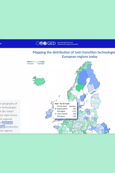 Europakarte mit eingefärbten Regionen, Darstellung der Verteilung von grünen und digitalen Technologien, hervorgehobener Ausschnitt zeigt Daten zu Nord–Pas-de-Calais