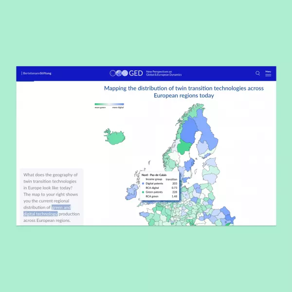 Map of Europe with colored regions, showing the distribution of green and digital technologies, with a highlighted section displaying data on Nord-Pas-de-Calais