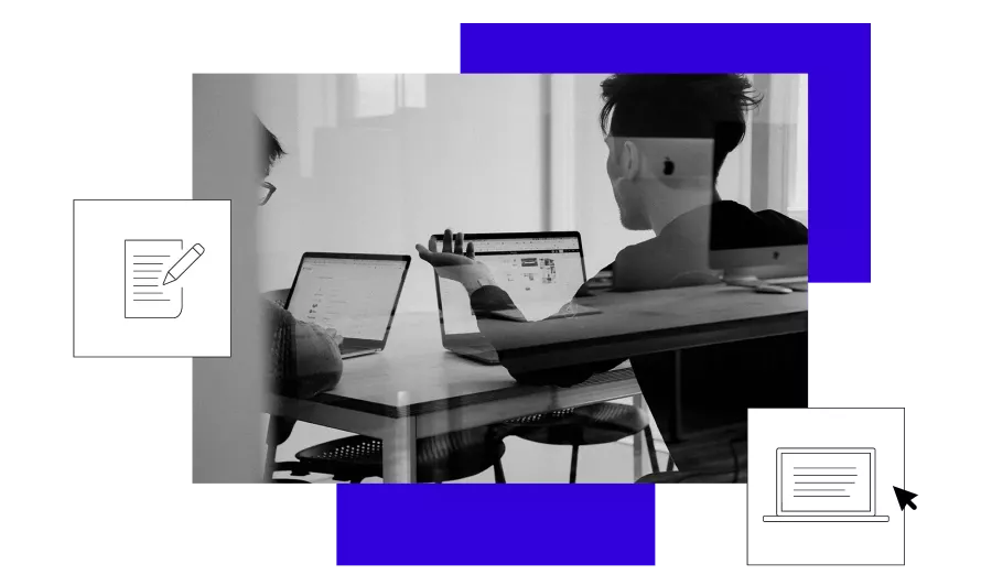 Schwarz-weiß Foto von zwei Personen an Laptops im Gespräch, überlagert mit blauen Rechtecken und Icons von Stift und Laptop