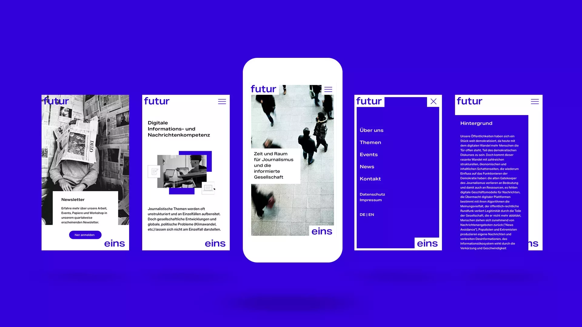 Five smartphone screens on a blue background with the website \
