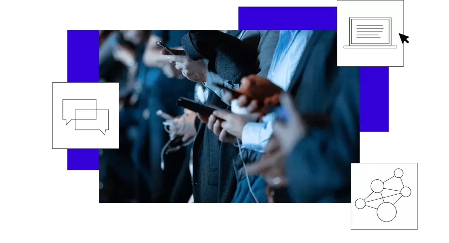 Foto von Menschen in Anzügen mit Smartphones in den Händen, überlagert mit blauen Rechtecken und Icons für Chat, Laptop und Netzwerk