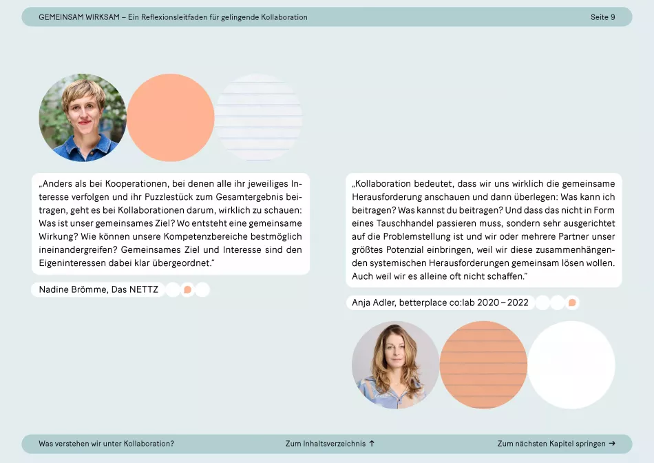 Zwei Zitate mit Porträts von Personen, die über Ziele und Bedeutung von Kollaboration sprechen, gestaltet mit farbigen Kreisen und Textfeldern