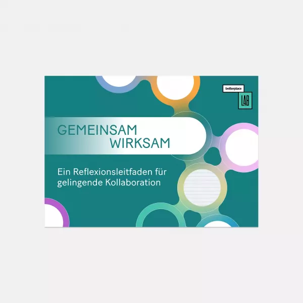 Cover with petrol-colored background and interconnected circles in yellow, orange, purple, blue, and green. On the left, the text \