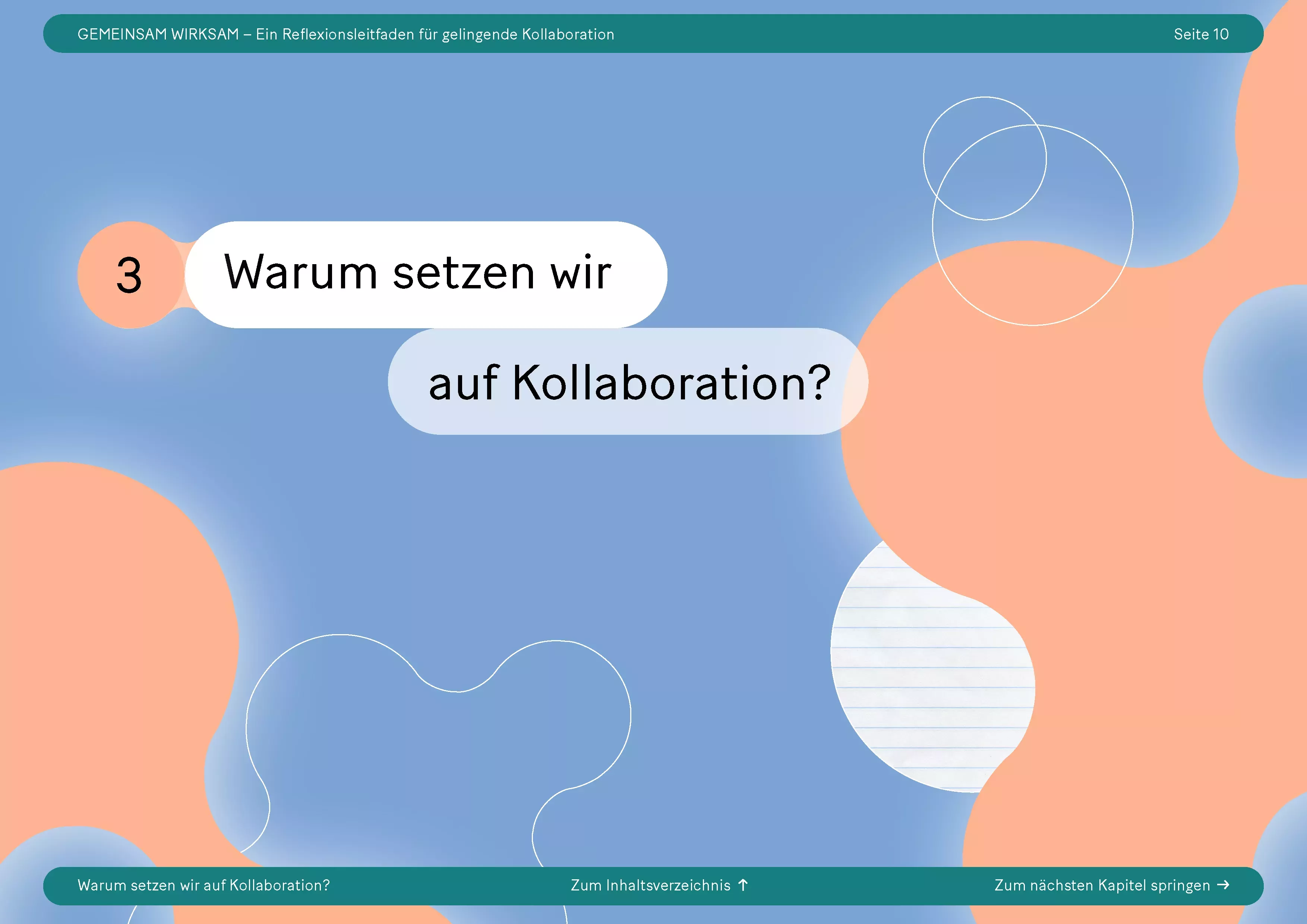 Kapitelauftaktseite in Blau mit orangen Formen und der Überschrift \