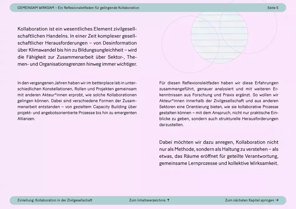 Doppelseite mit Text über die Bedeutung von Kollaboration in der Zivilgesellschaft, gestaltet in rosa und grünen Pastellfarben, sowie Kreiselementen oben rechts