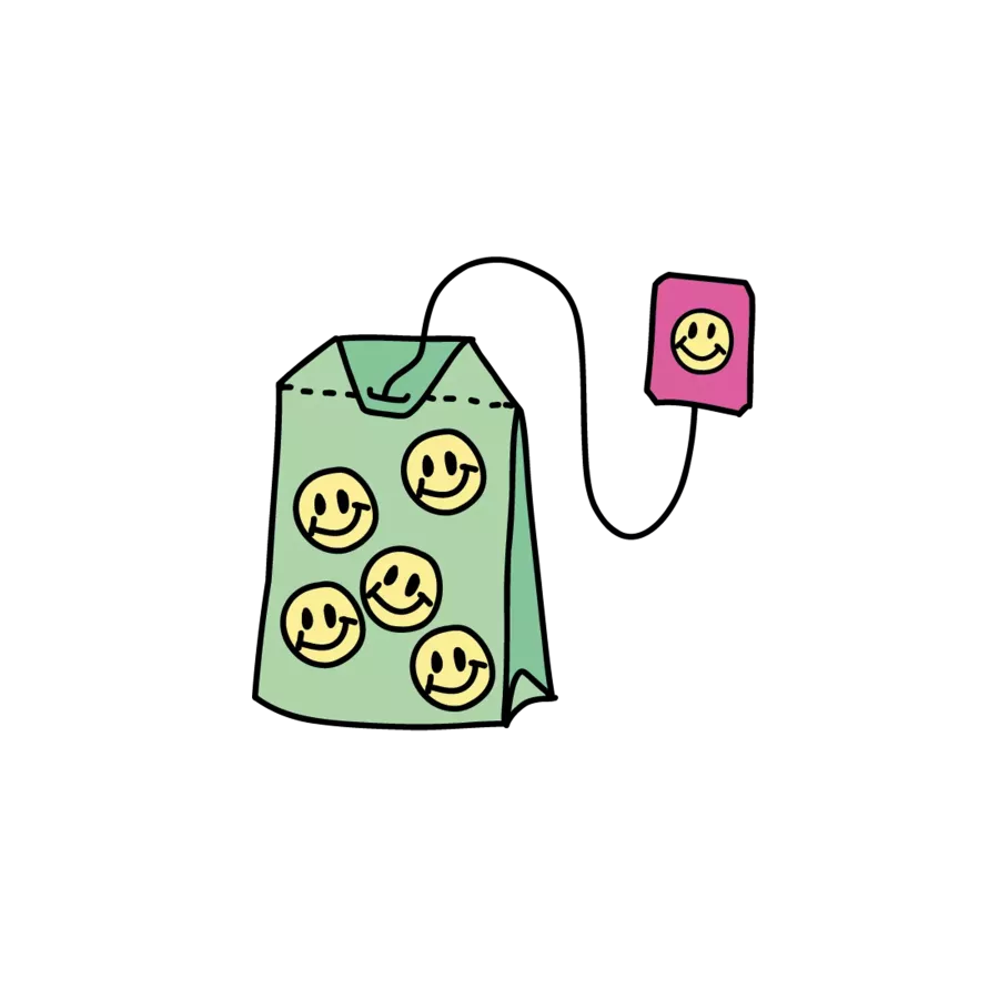 Illustration of a green tea bag with yellow smiley faces, with a pink label with a smiley face attached to it