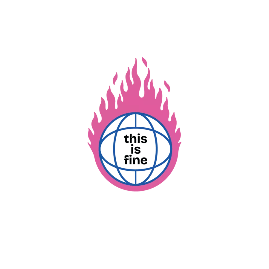Illustration of a blue globe surrounded by pink flames, with the black text \