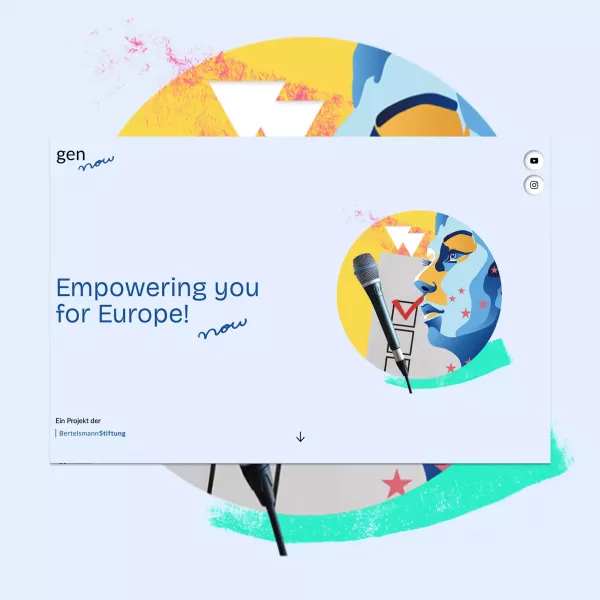 View of the gen now website with the text “Empowering you for Europe!” and a round illustration of a face in blue and yellow with a microphone and checkboxes. At the bottom it says \