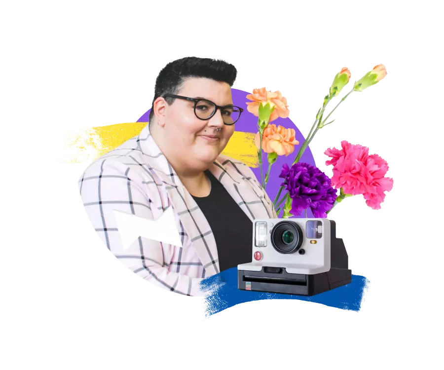 Collage featuring a person in a checkered blazer in front of colorful brushstrokes, surrounded by carnation blossoms and an instant camera in the foreground