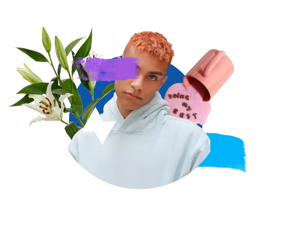 Collage featuring a person in a light-colored hoodie surrounded by lilies, colorful brushstrokes, and pink cups