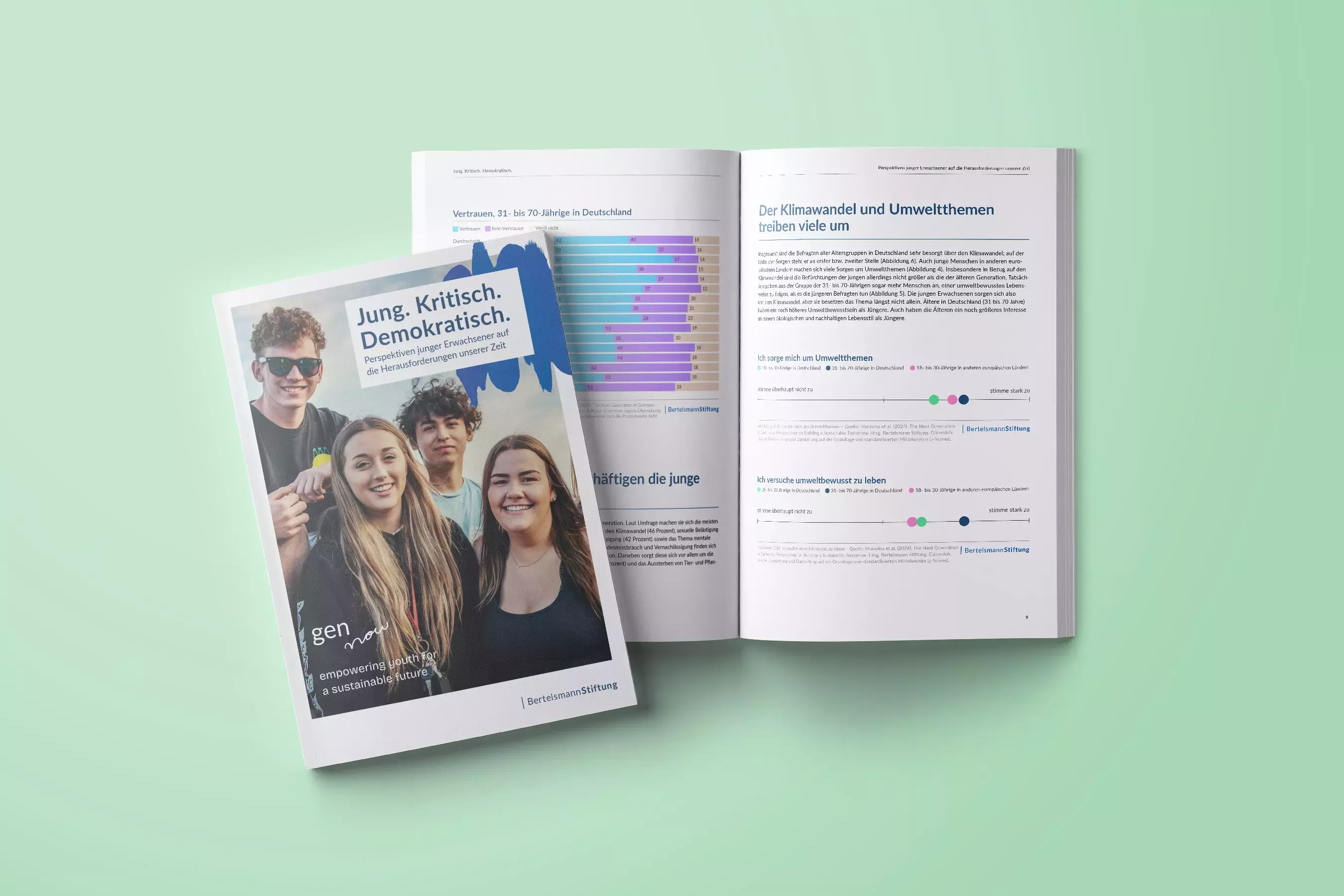 Magazin der Bertelsmann Stiftung mit dem Titel „Jung. Kritisch. Demokratisch.“, auf dem Cover vier junge Erwachsene, innen Seiten mit Statistiken, Texten und Diagrammen zu Umwelt- und Gesellschaftsthemen