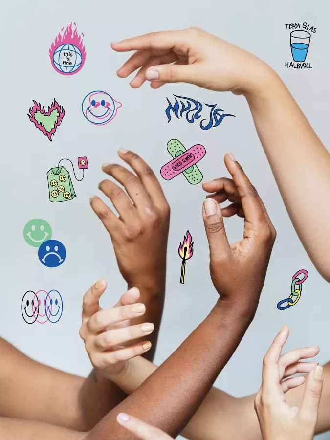 Several outstretched hands in different skin tones, surrounded by colorful illustrations such as a heart in flames, band-aids, a burning match, a smiley tea bag, a globe, and a half-full glass