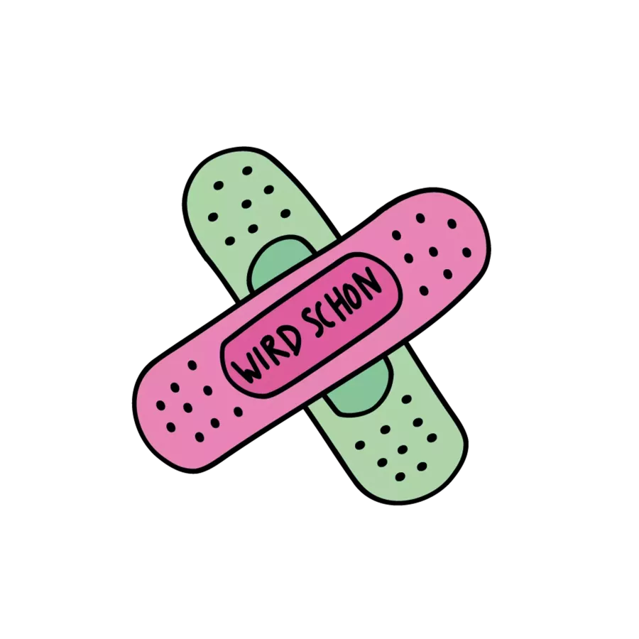 Illustration zweier überkreuzter Pflaster, eines grün und eines pink mit der Aufschrift \