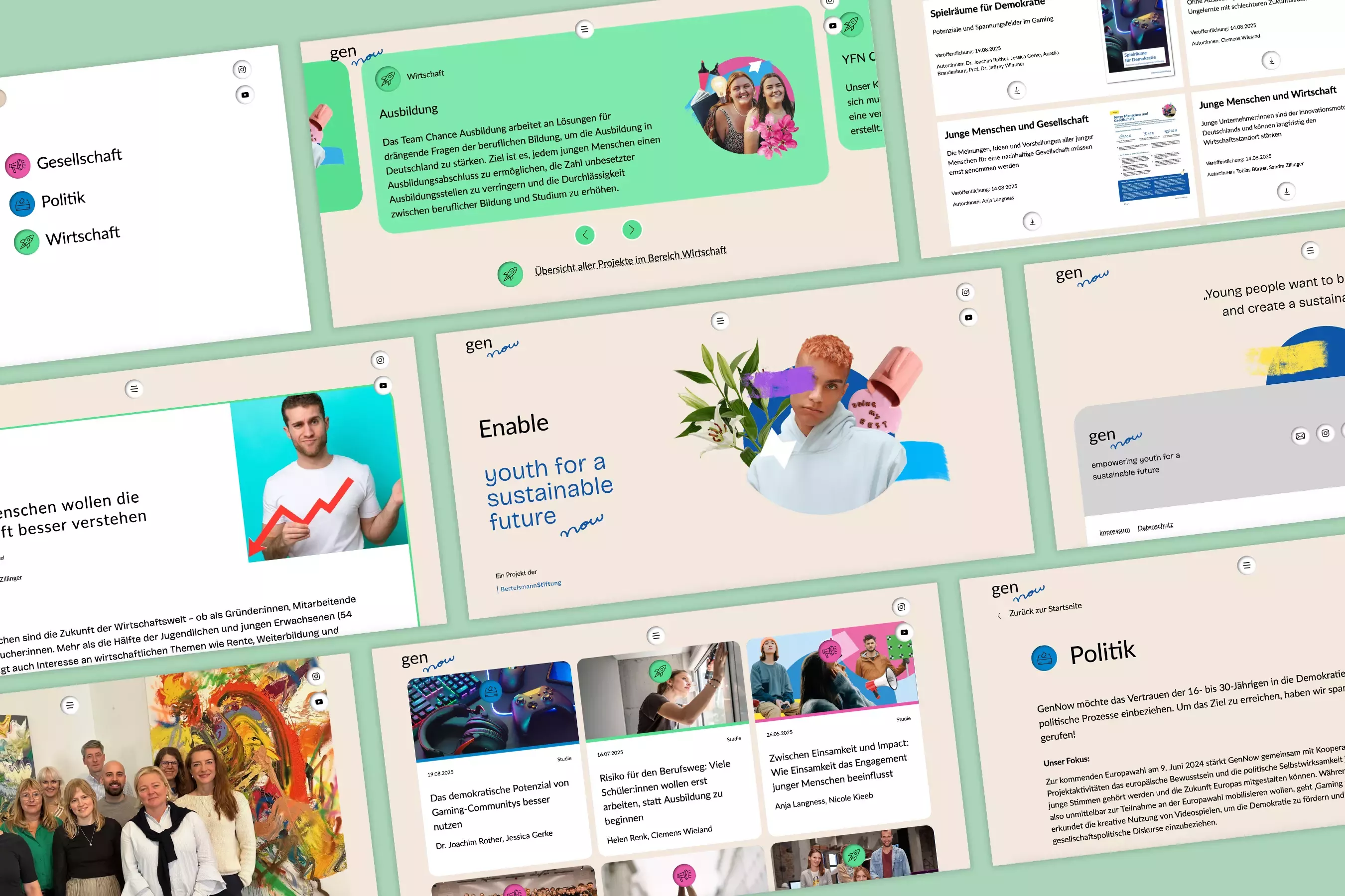 View of several pages of the “gen now” website with colorful collages, project descriptions, and sections such as society, politics, and economics