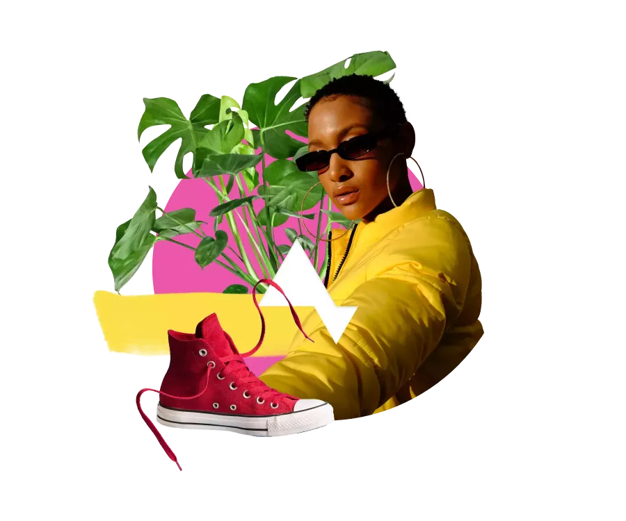 Collage featuring a person in a yellow jacket and sunglasses in front of green leaves, complemented by a pink circle in the background, yellow brushstrokes, and red sneakers in the foreground