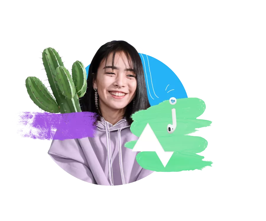Collage featuring a smiling person in a hoodie, next to a green cactus, colorful splashes of purple, blue, and green, and white in-ear headphones