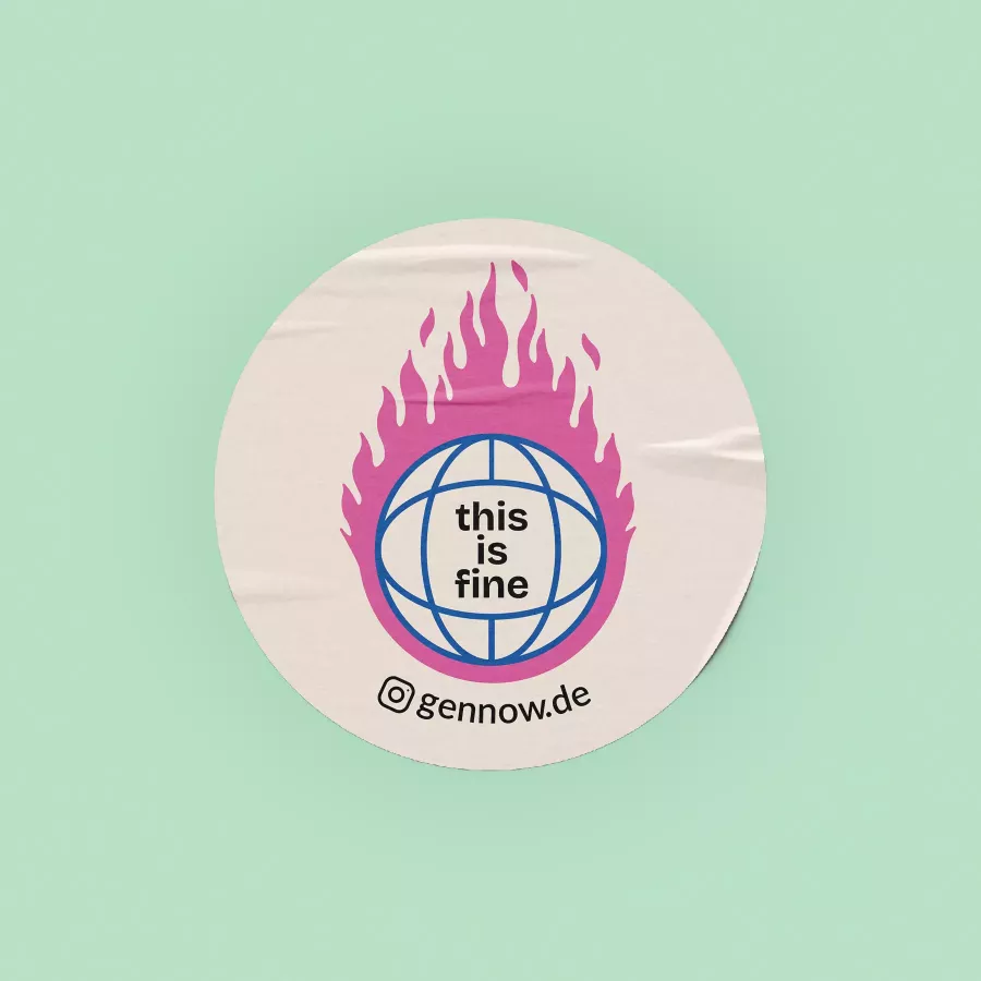 Round sticker on a light green background with an illustration of a globe in pink flames, text \