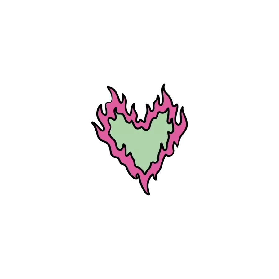 Illustration of a green heart surrounded by pink flames