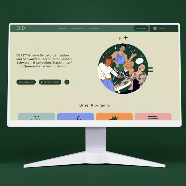 Monitor on a dark green background with the GLADT website open, featuring text about queer BIPoC self-organization in Berlin and an illustration of three people in the center