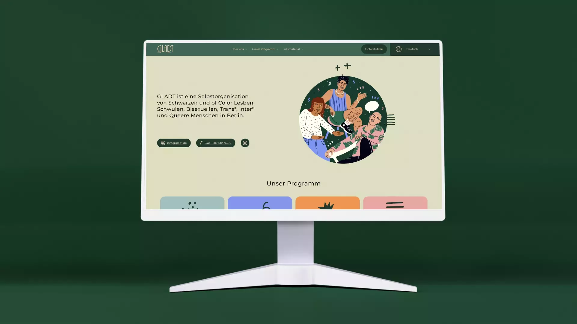 Monitor on a dark green background with the GLADT website open, featuring text about queer BIPoC self-organization in Berlin and an illustration of three people in the center