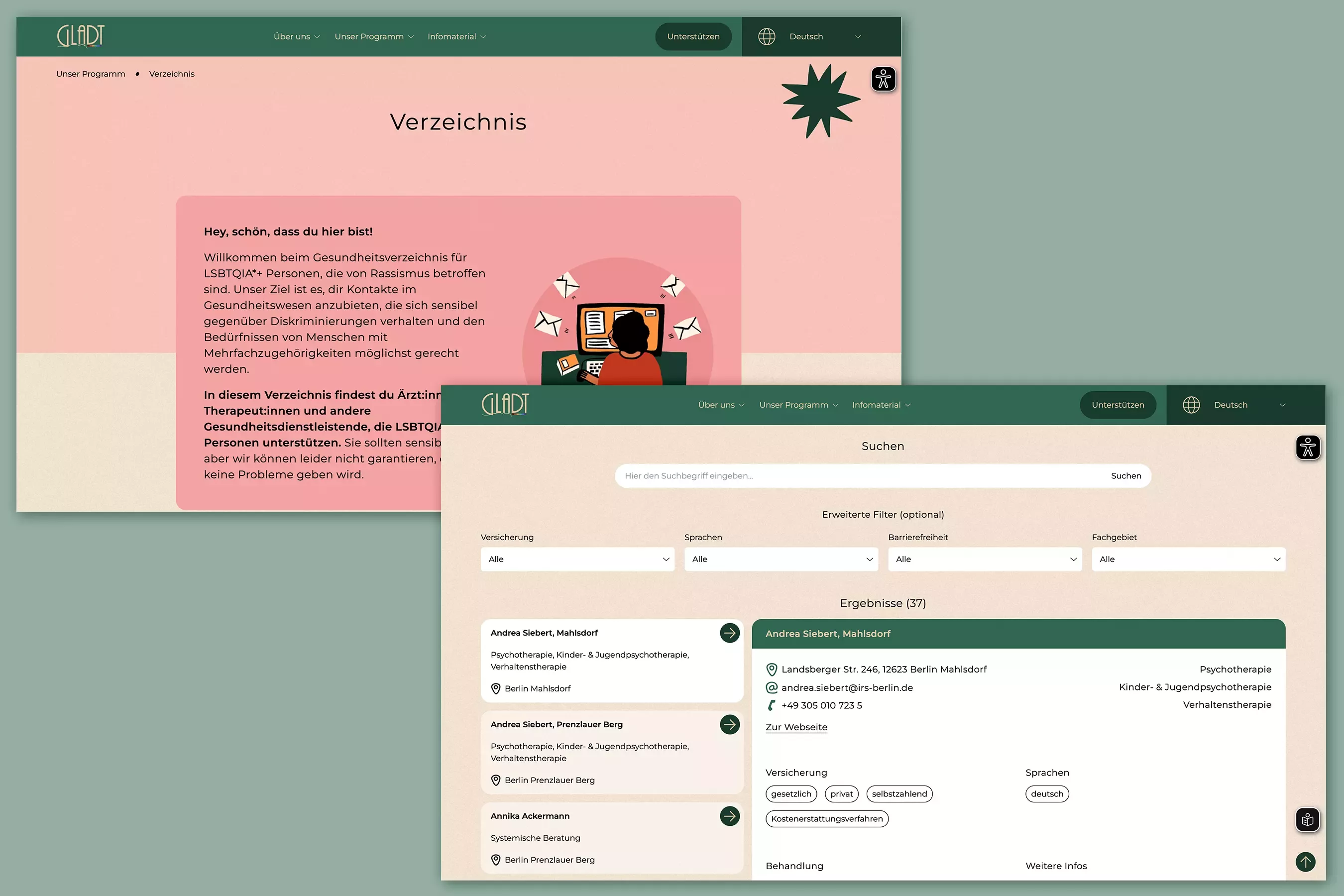 Zwei Screenshots der GLADT-Webseite auf salbeigrünem mit Verzeichnis für LSBTQIA+ Gesundheitsdienste, oben Begrüßungstext, unten Filterergebnisse zu Standorten für psychologische Beratung