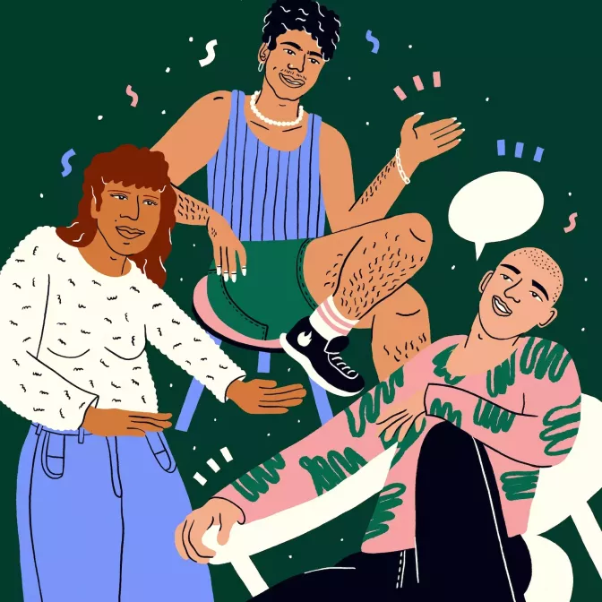 Illustration von drei Personen, die fröhlich miteinander interagieren, umgeben von bunten grafischen Elementen, wie einer Sprechblase, Strichen und Punkten auf dunkelgrünem Hintergrund