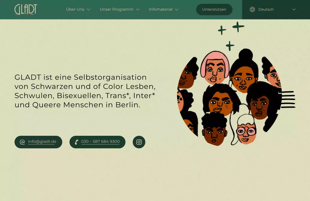 GLADT-Webseite mit Text zur Selbstorganisation queerer BIPoC in Berlin, daneben runde Illustration mit vielen Gesichtern unterschiedlicher Personen