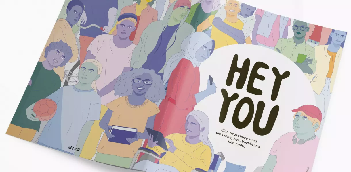 Illustration einer Broschüre mit bunten Illustrationen von vielen diversen Personen, Titeltext \