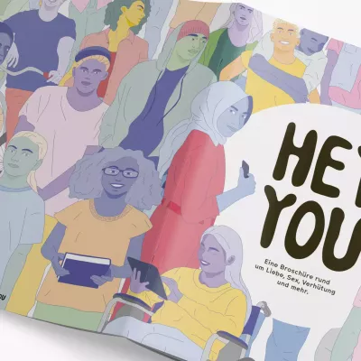 Illustration einer Broschüre mit bunten Illustrationen von vielen diversen Personen, Titeltext \